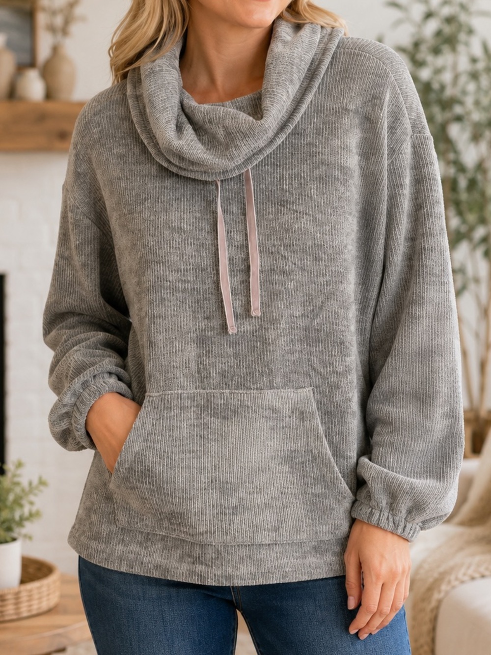 Tribal Grey Chenille Cowl Neck Pullover Sweater Kangaroo Pocket Drawstring Small
